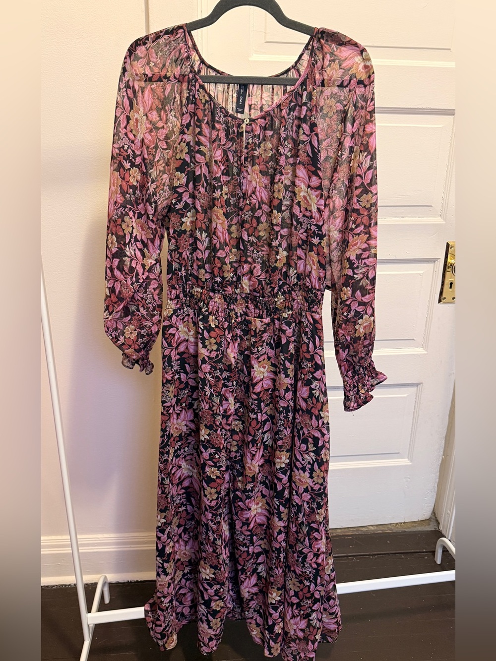 Maxi Dress with Pink Floral Print and Smocked Waist